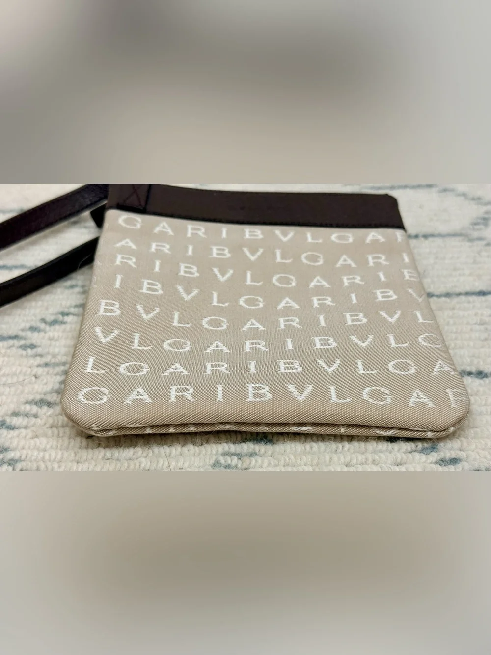 BVLGARI Unisex Rare Logomania Beige Leather Canvas Flat Pouch Crossbody Bag